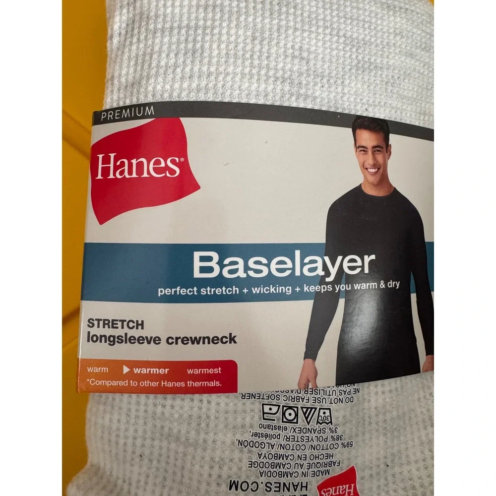 Hanes Premium Baselayer Mens Large Grey Stretch Long Sleeve Crewneck Thermal Top